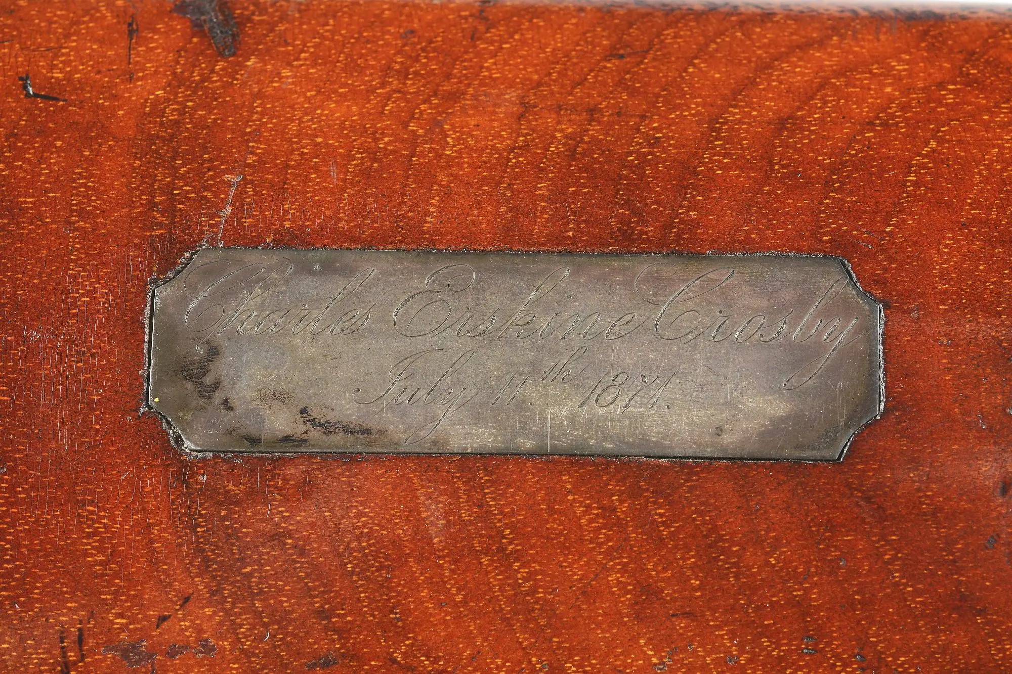 plaque on rifle which reads Charles Erskine Crosby July 11th 1871