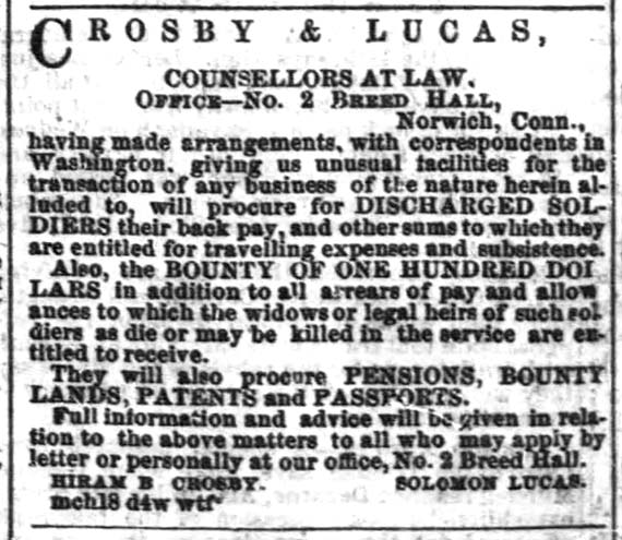 Norwich Connecticut newspaper ad for Crosby and Lucas attorneys at law